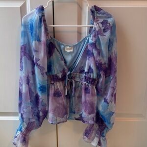 Vici Floral Sheer Peasant Blouse in Blue and Purple